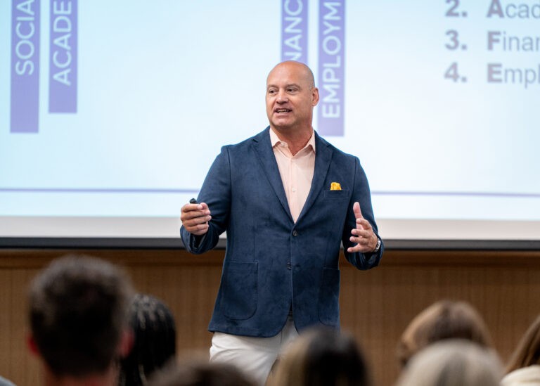 Kevin Krebs speaking at NSHSS College Fair