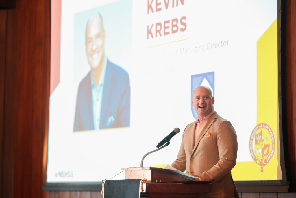 Kevin Krebs speaking at partner NSHSS College Fair