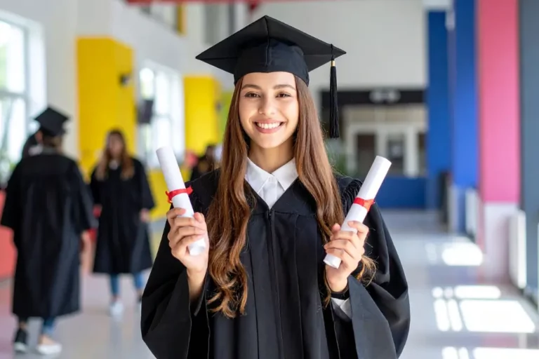 Girl with long brown hair in graduate cap and gown and holding diplomas