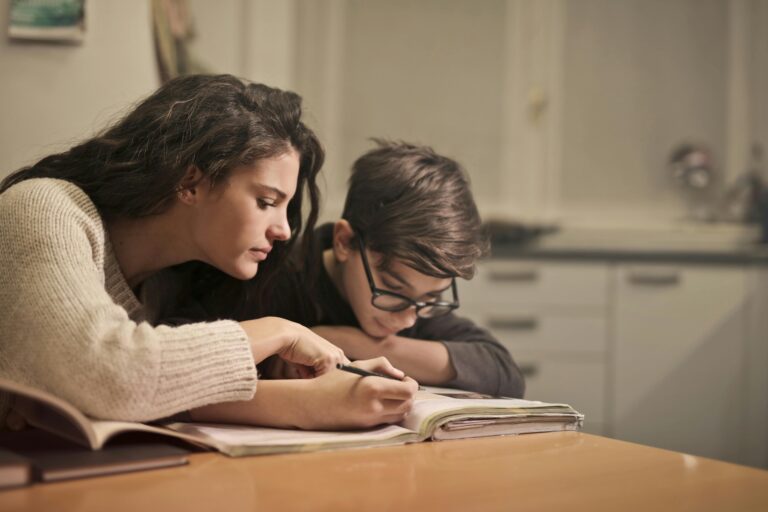 Mother teaching son