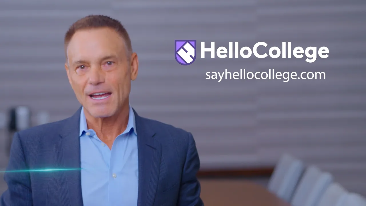 HelloCollege introduction video: college admissions counselor speaking, with the HelloCollege logo