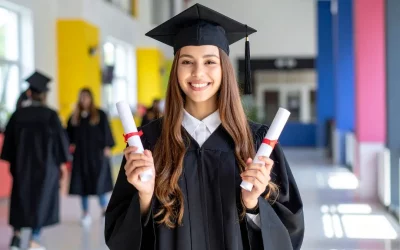 Girl with long brown hair in graduate cap and gown and holding diplomas